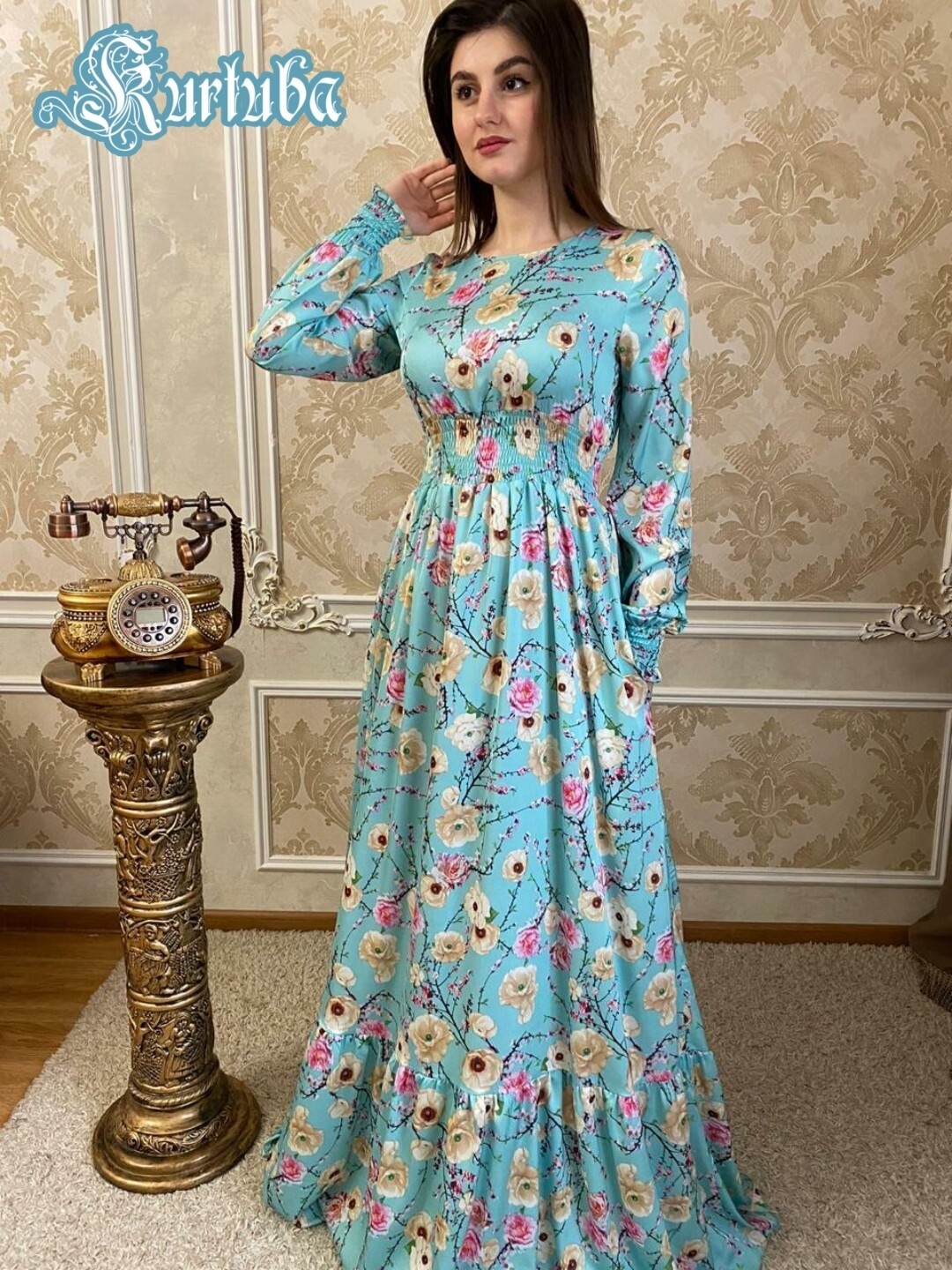 Dress Green Turquoise Julie With Flowers