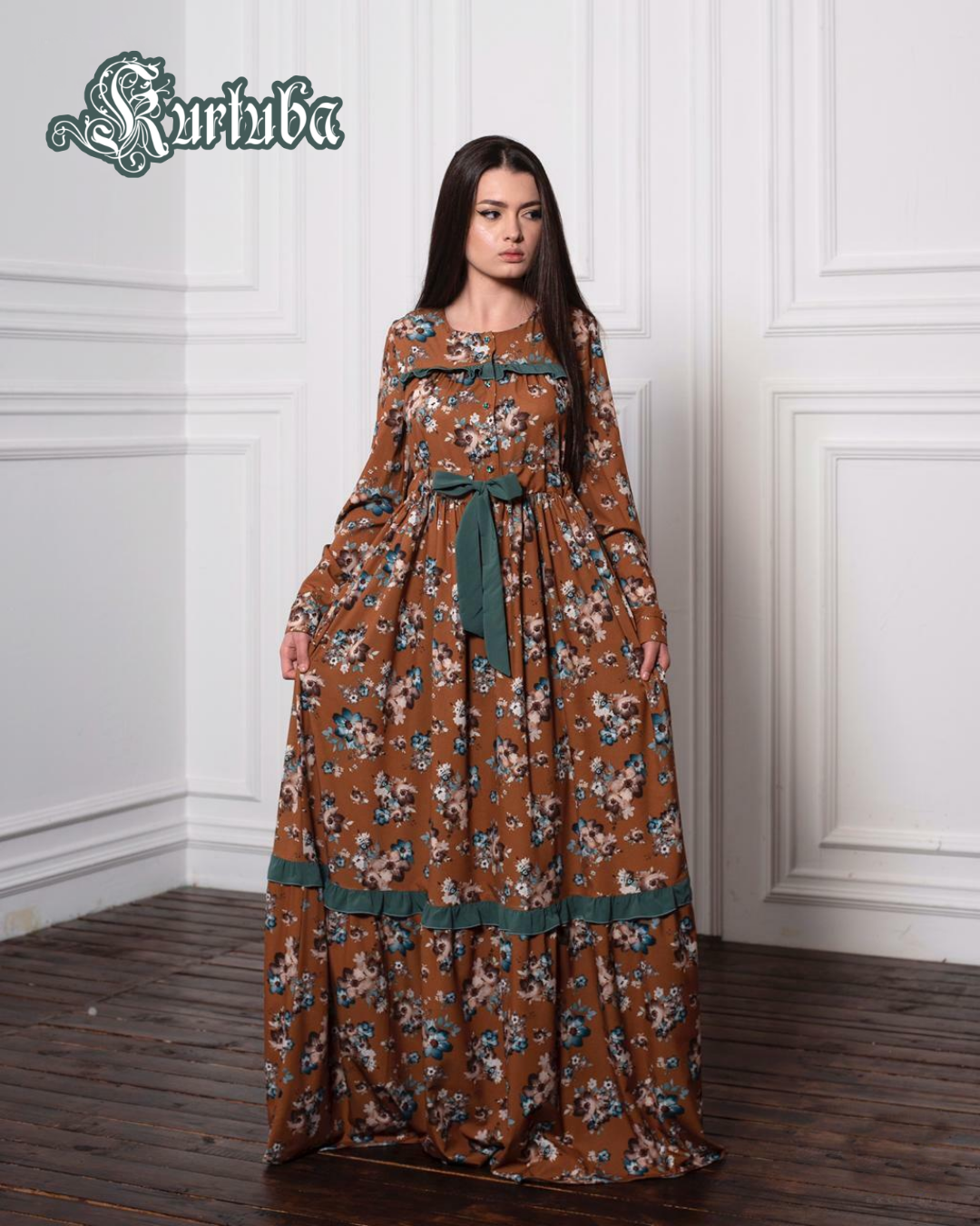 Dress Mustard Brown With Flowers Brigitta