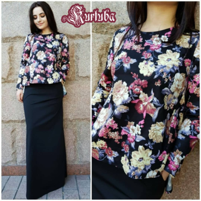 Blouse Gloria Denim Black With Flowers