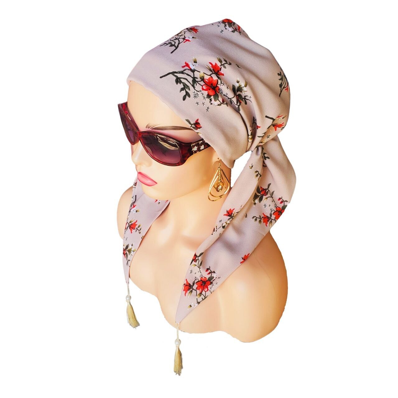 Foulard Crêpe Beige avec des fleurs et perles