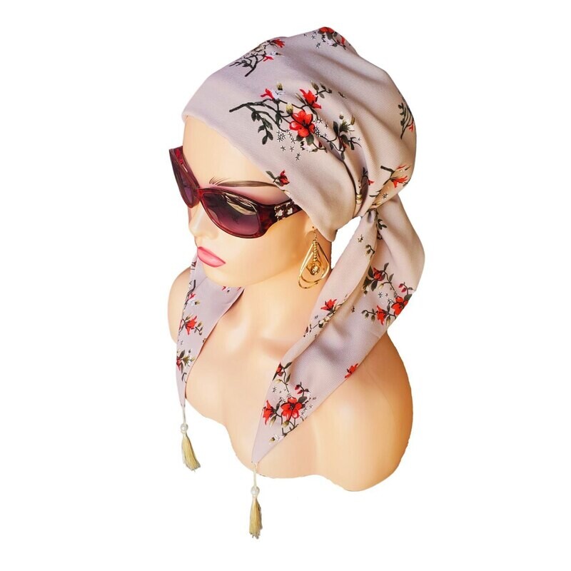 Head Scarf Beige crepe with flowers and beads