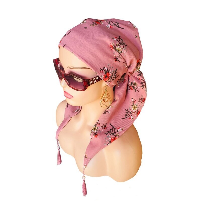 Head Scarf Pink crepe with flowers and beads