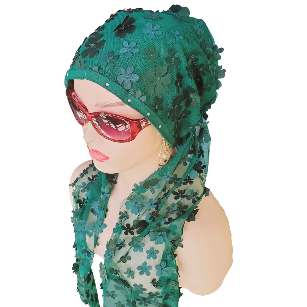 Head Scarf Green Crepe With  Flowers