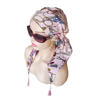 Head Scarf Pink Crepe With Chain And Beads