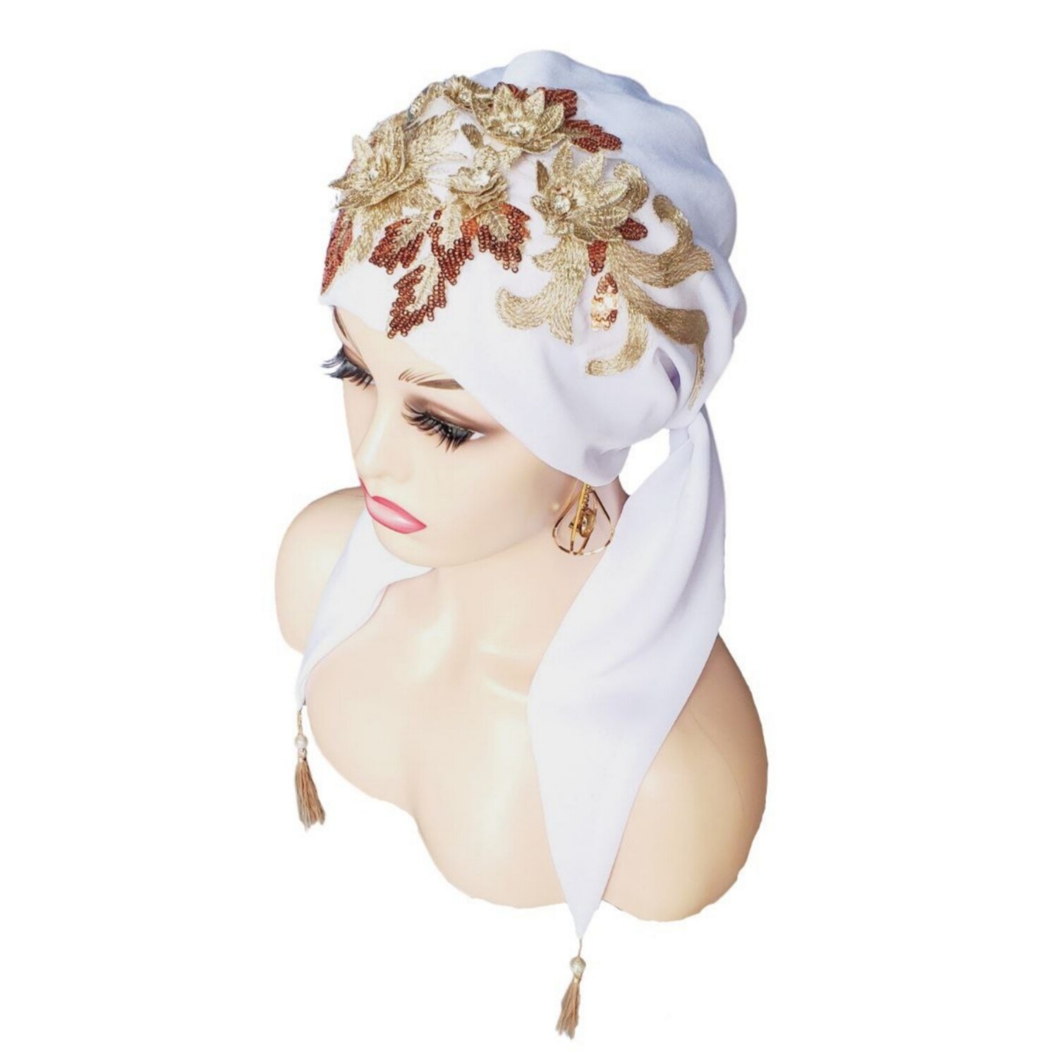 Head Scarf White Crepe With Golden  Flowers And Beads