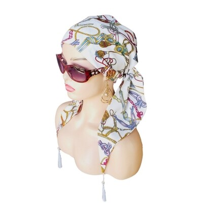 Head Scarf White Crepe With Chain And Beads