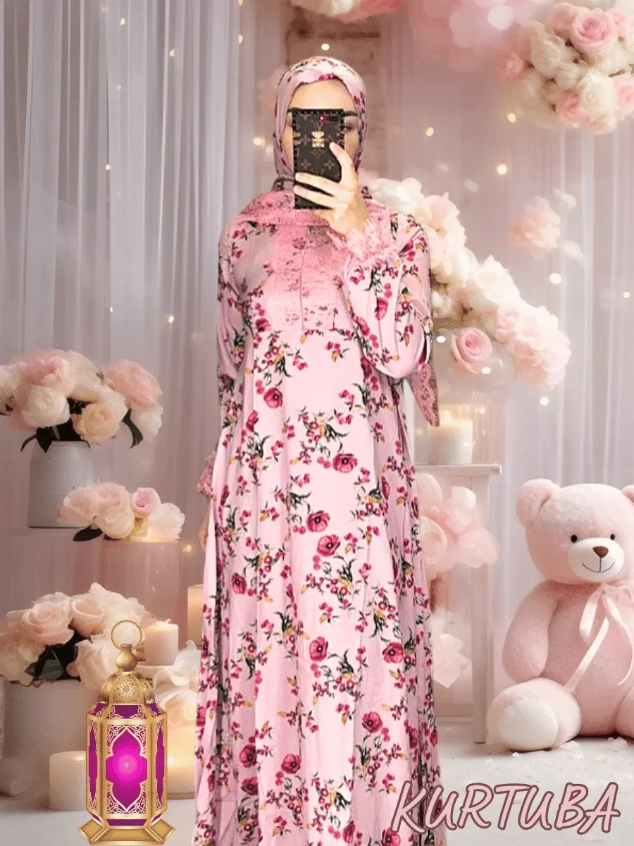 Abaya With Scarf Pink Floral Print Rano