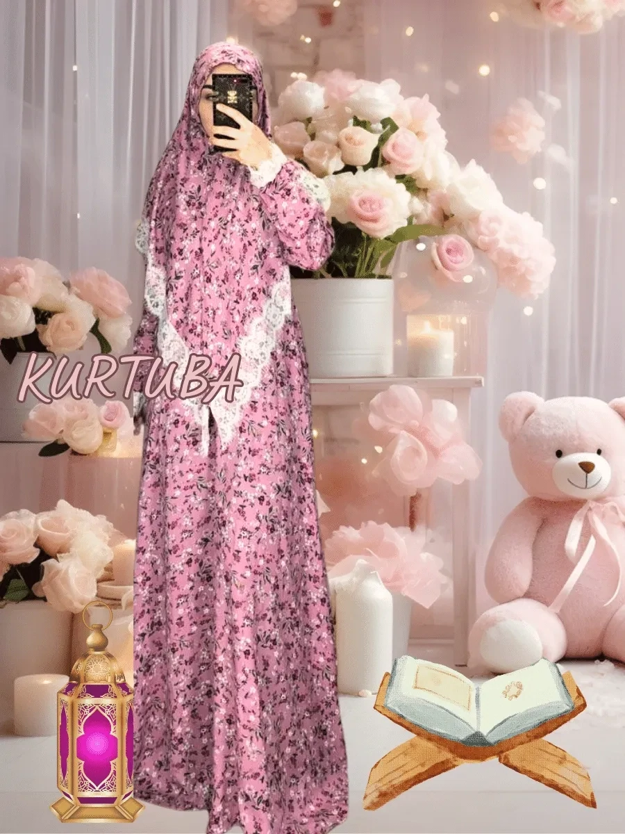 Abaya With Scarf Pink Floral Print Rano