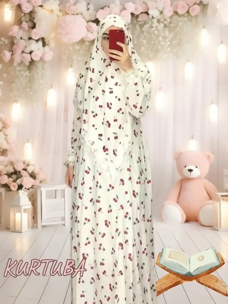 Abaya With Scarf White Floral Print Rano