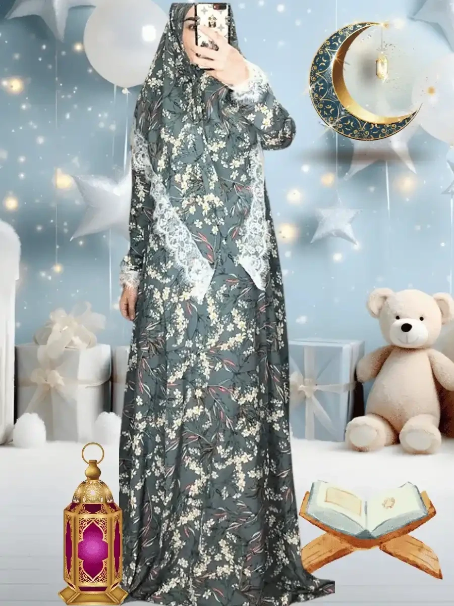 Abaya With Scarf Green Floral Print Rano