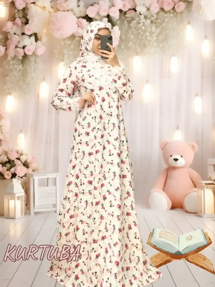 Abaya With Scarf White Floral Print Rano