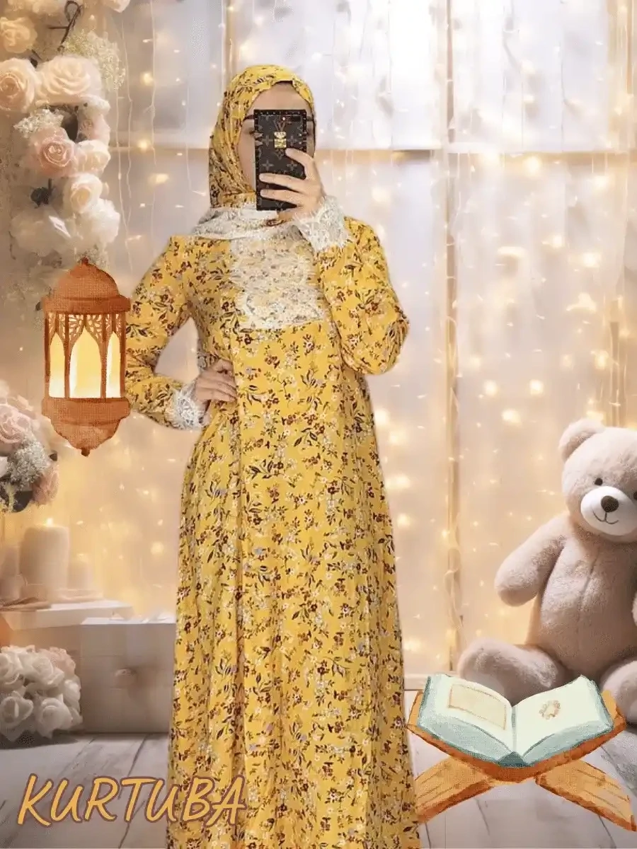 Abaya With Scarf Yellow Floral Print Rano