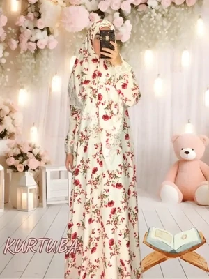 Abaya With Scarf White Red Floral Print Rano