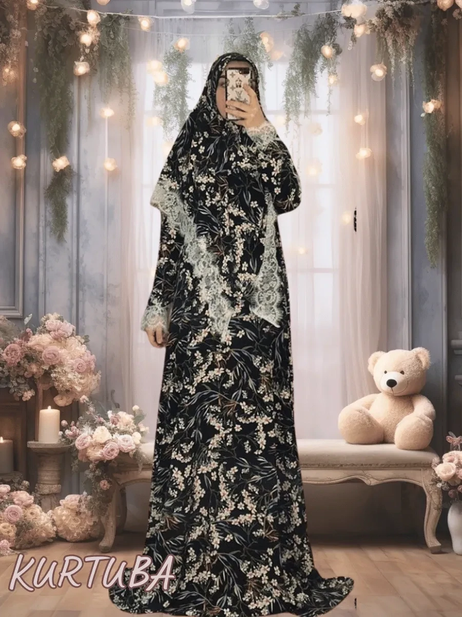 Abaya With Scarf Black Floral Print Rano