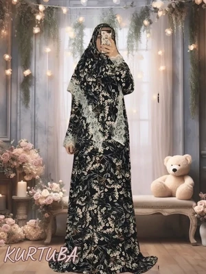 Abaya With Scarf Black Floral Print Rano