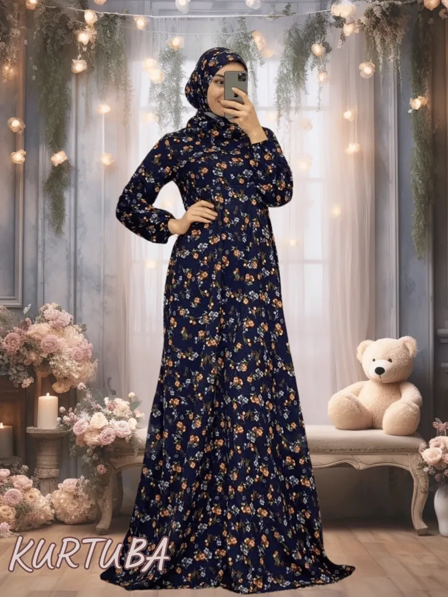 Abaya With Scarf Black Floral Print Rano