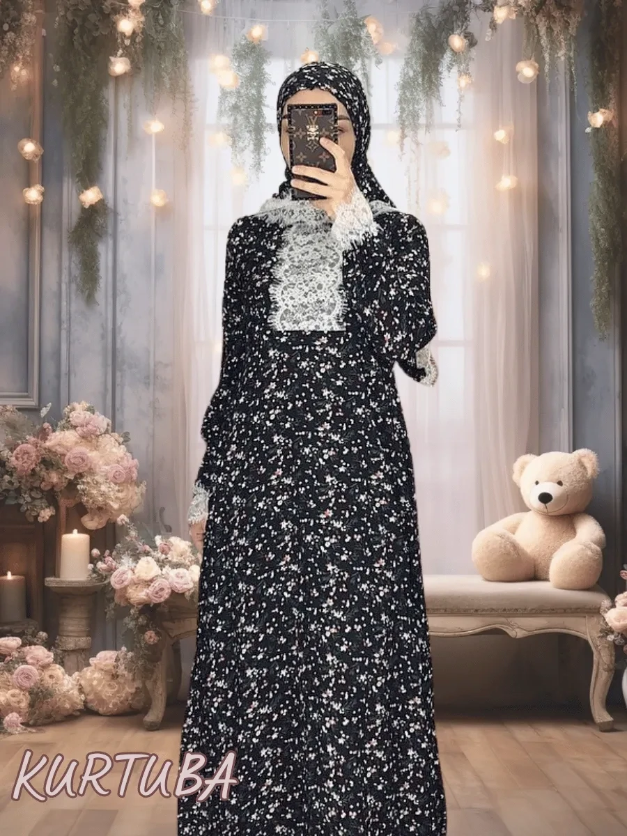 Abaya With Scarf Black Floral Print Rano