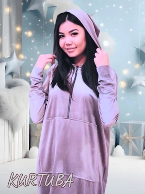 Hoodie Dress Maxi  - Velvet - Silver Color - Collection Jamila