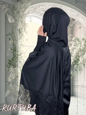 Hijab avec bonnet - 2 Pièces - Voile chic avec dentelle - Noir