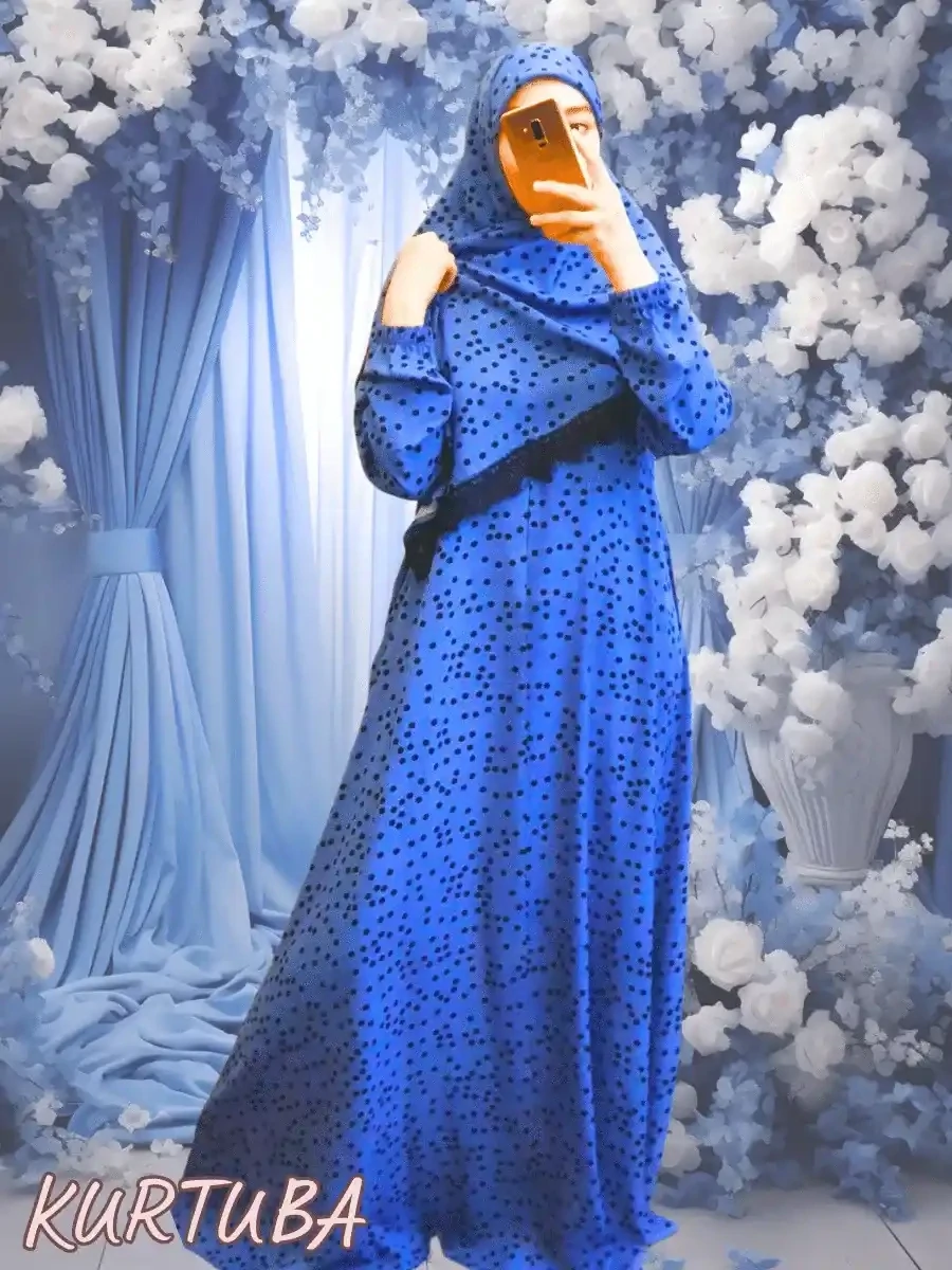 Abaya With Scarf Blue Polka Dot Aisha
