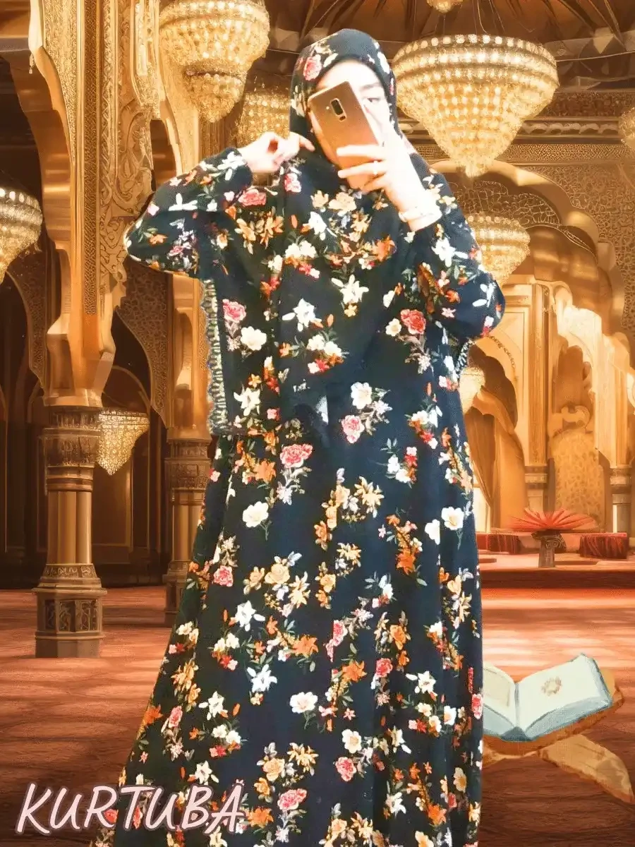 Abaya With Scarf Black Floral Print Aisha