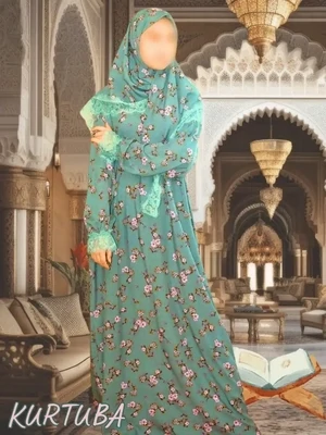 Abaya avec foulard vert à motif floral Fatiha