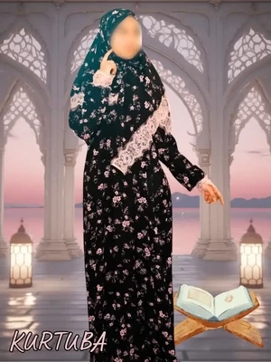 Abaya avec foulard noir à motif floral Fatiha