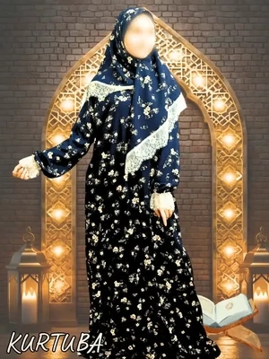 Abaya With Scarf Black Floral Print Fatiha