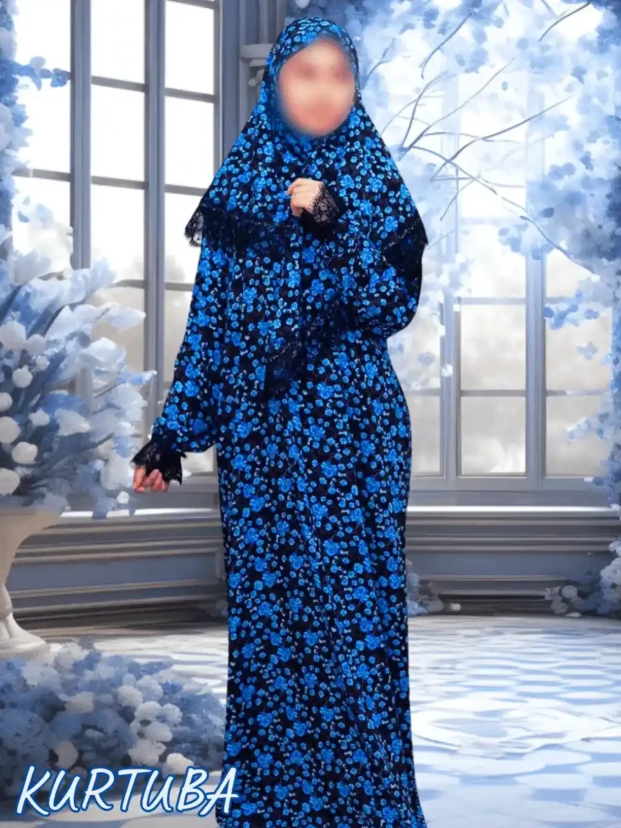 Abaya With Scarf Blue Floral Print Fatiha