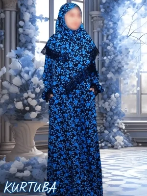 Abaya avec foulard bleu à motif floral Fatiha