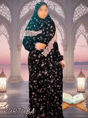 Abaya With Scarf Black Floral Print Fatiha