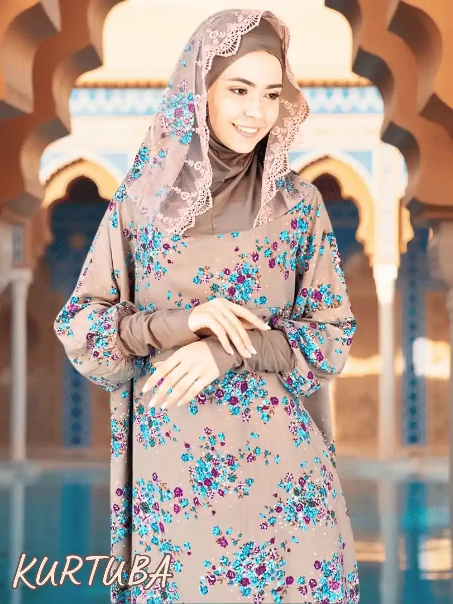 Prayer Dress Beige Floral Print Ainur