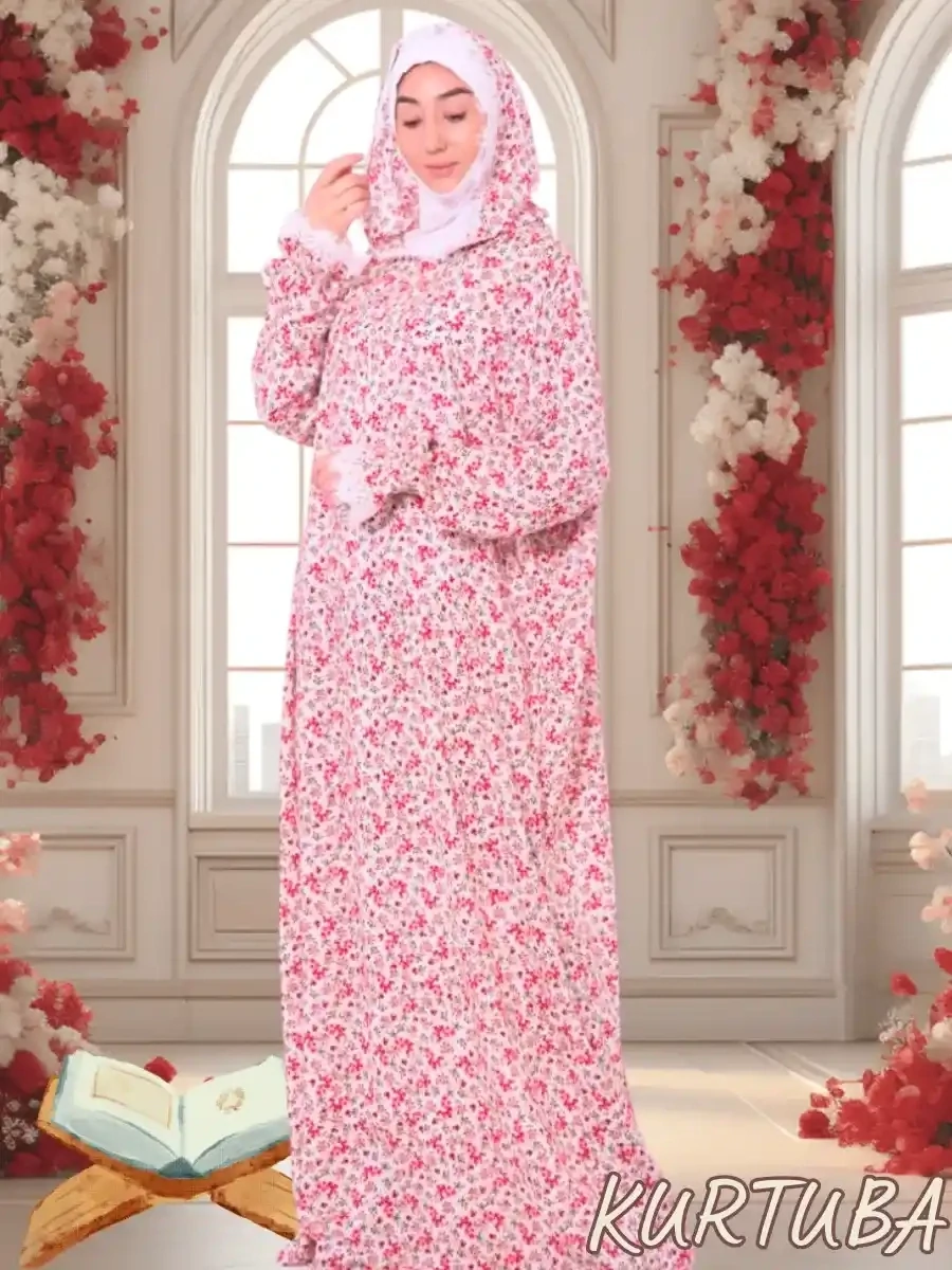 Abaya White Red Floral Print Suneta