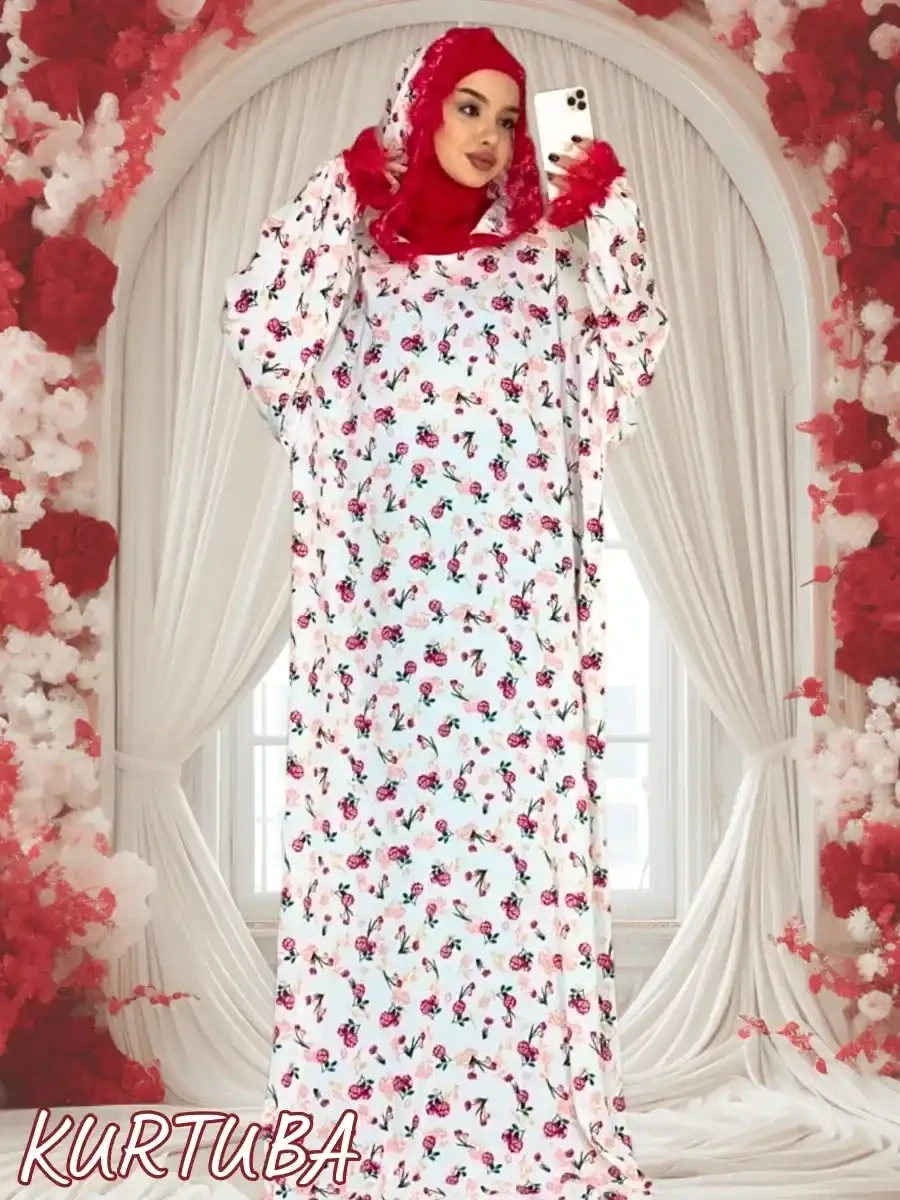 Abaya With Hood White Floral Pattern Shahinia