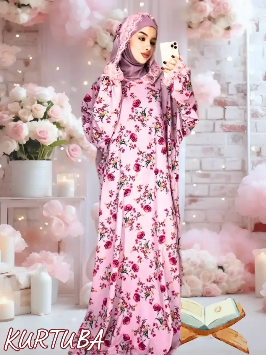Abaya With Hood Pink Floral Pattern Shahinia
