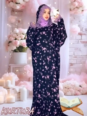 Abaya With Hood Black Floral Pattern Shahinia