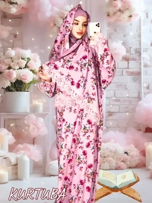 Abaya With Scarf Pink Floral Pattern Shahinia