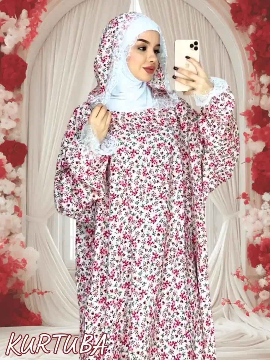 Abaya With Hood White Floral Pattern Shahinia