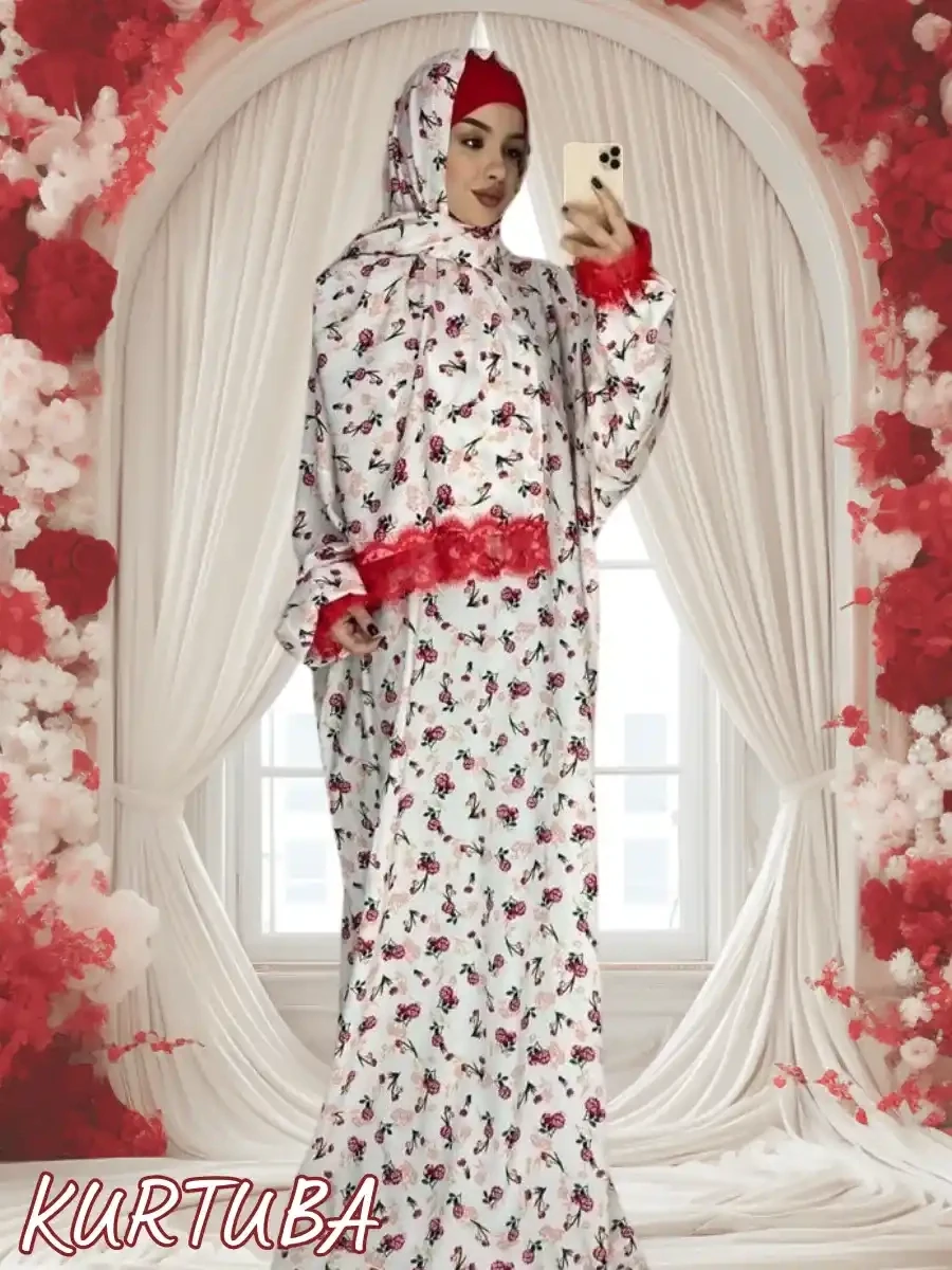 Abaya With Scarf White Floral Pattern Shahinia