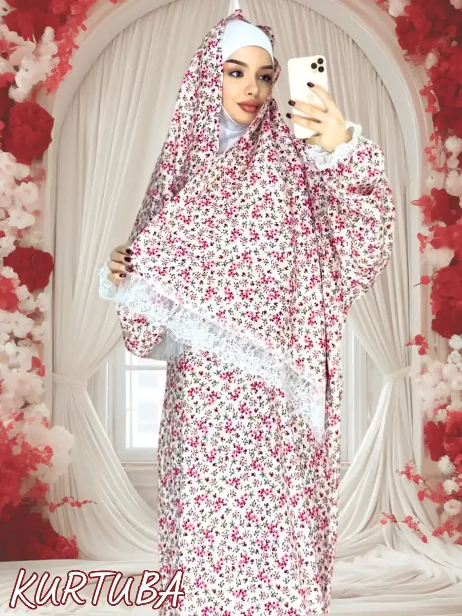 Abaya With Scarf White Floral Pattern Shahinia