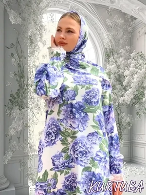 Abaya avec foulard blanc bleu à motif floral Anika