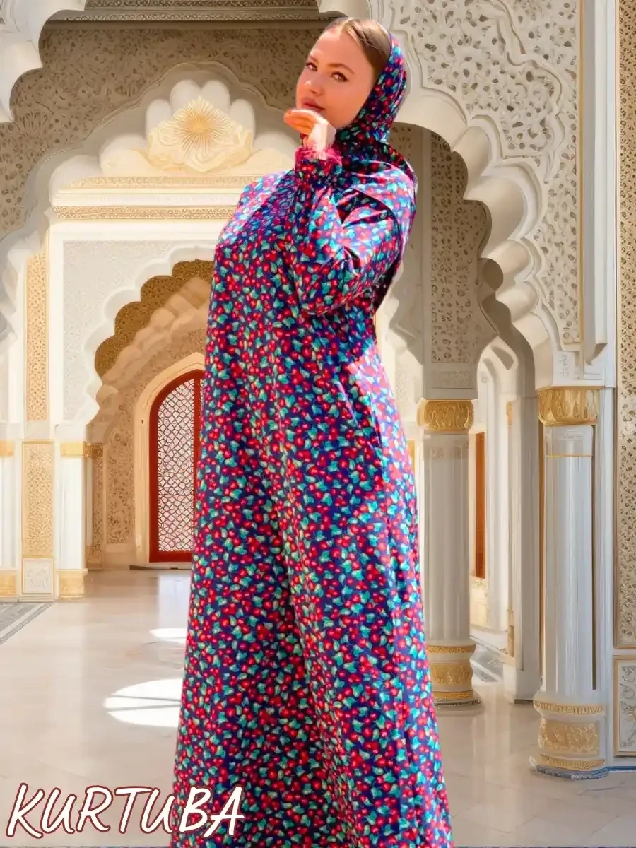 Abaya With Scarf Blue Red Floral Print Anika