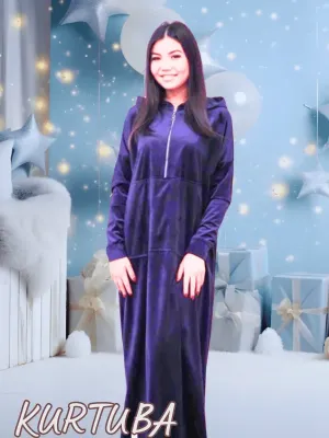 Robe longue à capuche - Velours - Bleu marine - Collection Jamila