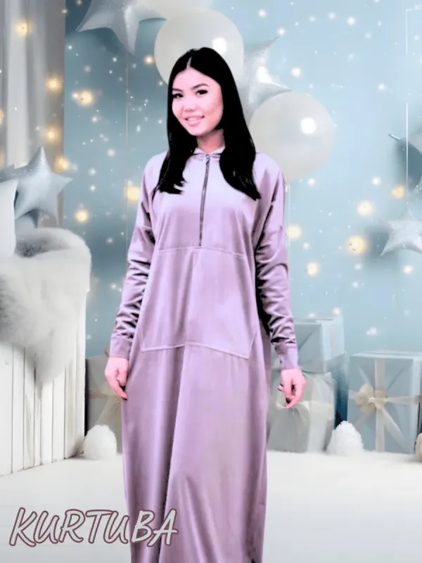 Hoodie Dress Maxi  - Velvet - Silver Color - Collection Jamila