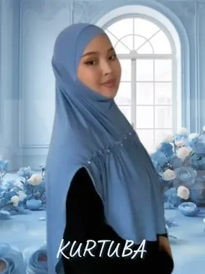 Hijab instantané avec perles - Bleu - Collection Leila