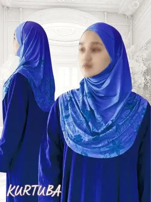 Hijab instantané prêt à porter - Bleu à motif floral - Collection Sumaya