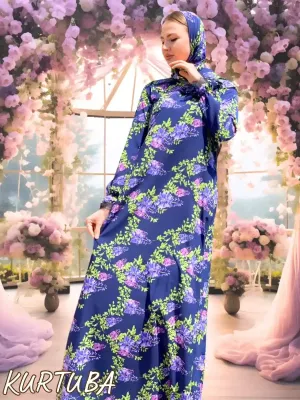 Abaya avec foulard bleu mauve à motif floral Anika