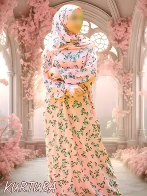 Abaya avec foulard rose à motif floral Fatiha