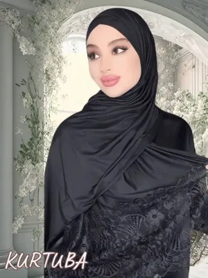 Hijab avec bonnet - 2 Pièces - Voile chic avec dentelle - Noir