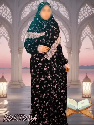 Abaya With Scarf Black Floral Print Fatiha